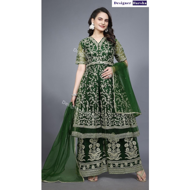 Heavy Embroidered Anarkali Top with Palazzo Suit, Pakistani Salwar Kameez with Net Dupatta Choice - 3