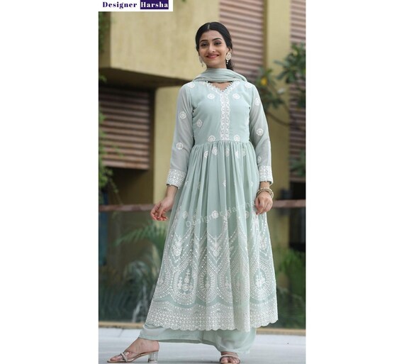 Pistachio Anarkali Dress, Pakistani Shalwar Kameez, Georgette Palazzo Suit
