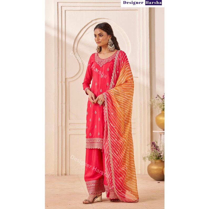 Eid spezielles pakistanisches Kleid, gestickter Chinon Salwar Kameez Plazzo-Anzug, indische Abendkleidung Outfit Choice - 1
