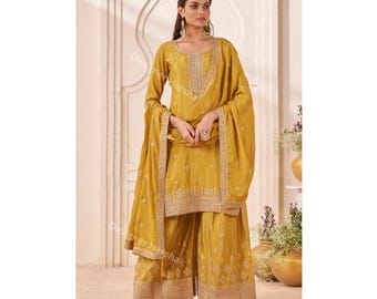 Embroidered Chinon Indian Palazzo Suit, Shalwar Kameez Dupatta Dresses
