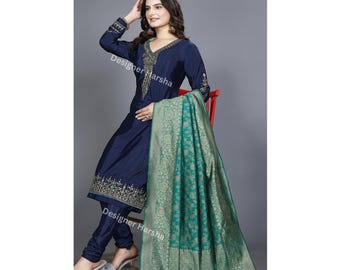 Embroidered Satin Georgette Churidar Salwar Kameez with Banarasi Dupatta Dresses