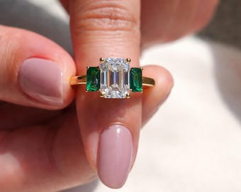 2.5 CT Emerald Cut Moissanite Diamond Engagement Ring 14K Solid Gold Trilogy Ring