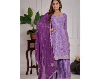 Designer Sharara Palazzo Suit, Embroidered Chinon Salwar Kameez for Women, Punjabi Wedding Guest wear Dresses for USA
