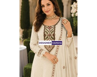 Conjunto de Kurti blanco tradicional para mujer con dupatta, vestido Salwar Kameez de diseñador indio