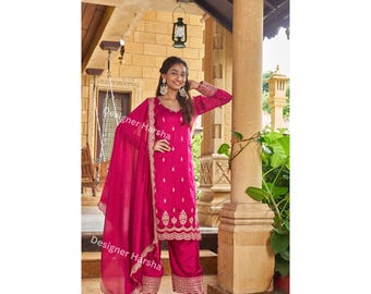 Traje salwar kameez plazzo de georgette de seda bordada, ropa de boda india pakistaní, vestidos con costuras punjabi