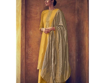 Yellow Color Plazzo Sharara Shalwar Suits Pakistani Indian Designer Traditional Wear Salwar Kameez Plazo with Banarasi Dupatta Made By Team