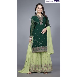 Traje Sharara-Gharara pakistaní, Salwar Kameez confeccionado, Kurta georgette bordada con Sharara y Dupatta, traje de recepción de boda indio