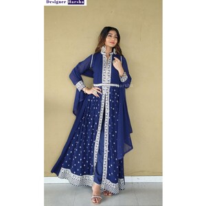 Eid Party wear Dress, Slit Anarkali Gown Suit, Georgette Stitched Gown, Wedding Reception Dresses image 3