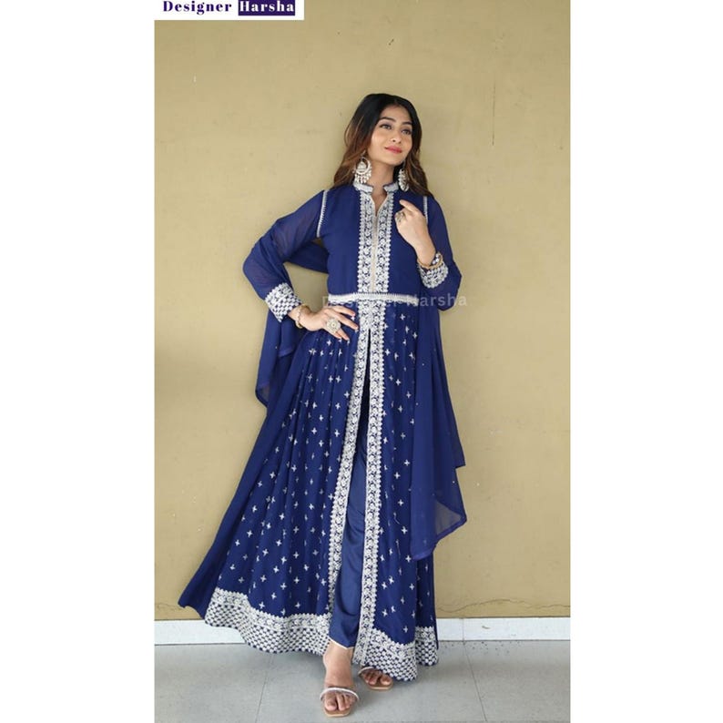 Eid Party wear Dress, Slit Anarkali Gown Suit, Georgette Stitched Gown, Wedding Reception Dresses image 3