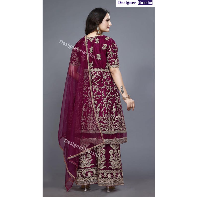 Heavy Embroidered Anarkali Top with Palazzo Suit, Pakistani Salwar Kameez with Net Dupatta image 6