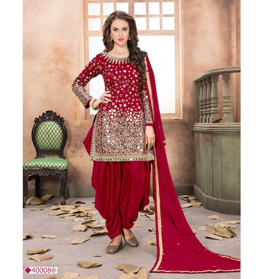 Charming Red Color Punjabi Patiala Dress Wedding Party Wear Salwar Patiala  Suit Handmade Embroidered Heavy Mirror Worked Net Dupatta Dresses -   Canada