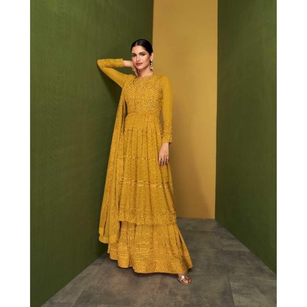 Yellow Color Haldi-Mehendi-Sangeet Functions Wear Designer Collection Heavy Embroidery Work Salwar Kameez Palazzo Dupatta Suits Made by Team