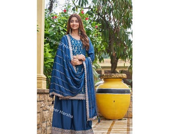 Indian Pakistani Party wear Embroidered Chinon Jacquard Top with Palazzo with Dupatta Suits