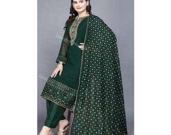 Pakistani Eid Party wear Outfit, Green Embroidered Georgette Salwar Kameez Suits
