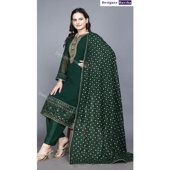 Pakistani Eid Party wear Outfit, Green Embroidered Georgette Salwar Kameez Suits