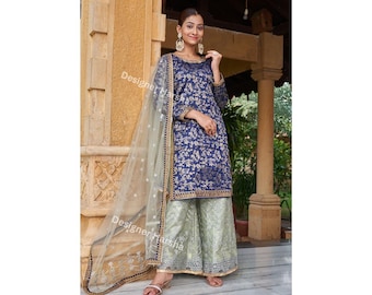 Pakistani Indian Wedding Party wear Heavy Embroidered Sharara Palazzo with Dupatta Dresses