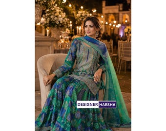 Designer Embroidered Chinon Silk Sharara Palazzo Suit , Pakistani Wedding wear Colthing for Women