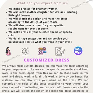 May include: A pink and purple graphic with the text "Your Personalized Shop" and "Customized Dress". The graphic includes illustrations of a pregnant woman, a family, a sewing machine, a dress, and a chat bubble.