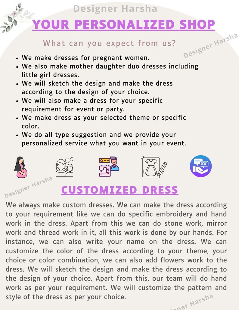 May include: A pink and purple graphic with the text "Your Personalized Shop" and "Customized Dress". The graphic includes illustrations of a pregnant woman, a family, a sewing machine, a dress, and a chat bubble.