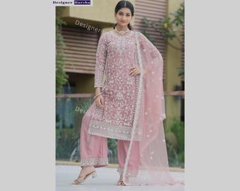 Embroidered Palazzo Kameez Suits, Pakistani Indian Wedding Shalwar Kameez with Dupatta Dress