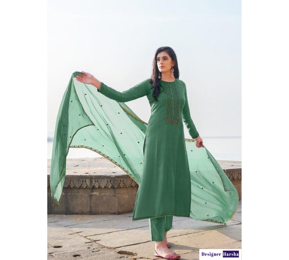 Buy Green Banarasi Chanderi Designer Straight Suit | Straight Salwar Suits