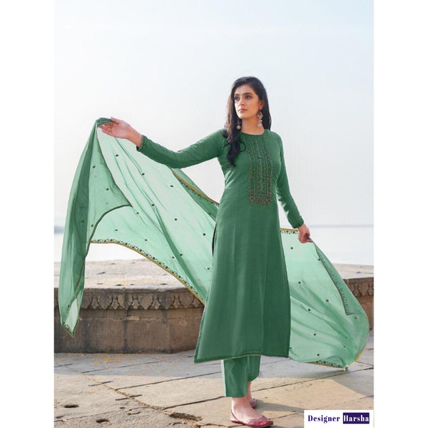 Creative Casual Wear Designer Georgette Salwar Kameez Dupatta Dress Simple Broderie Travaillé Ethnic Party Wear Straight Pantalon Pantalon Costumes