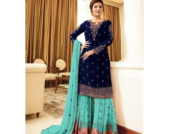 Blue Color Designer Handmade Sharara Dresses Pakistani Reception Party Wear Heavy Embroidery Work Heavy Georgette Salwar Kameez Plazzo Suits