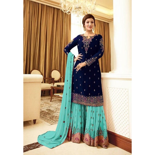 Blue Color Designer Handmade Sharara Dresses Pakistani Reception Party Wear Heavy Embroidery Work Heavy Georgette Salwar Kameez Plazzo Suits