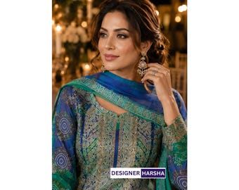 Completo Sharara Palazzo in seta Chinon ricamato, abito da sposa pakistano per donna.