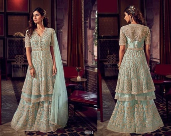 Pakistani Anarkali Style Round Flair Sharara Palazzo Suit Women Wear Embroidery Handmade Work with Butterfly Net Salwar Kameez Dupatta Dress