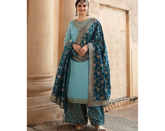 Sky Blue Color Designer Salwar Kameez Palazzo Suits Embroidery Work Pakistani Wedding Reception Wear Handmade Shalwar Kameez Dupatta Dresses