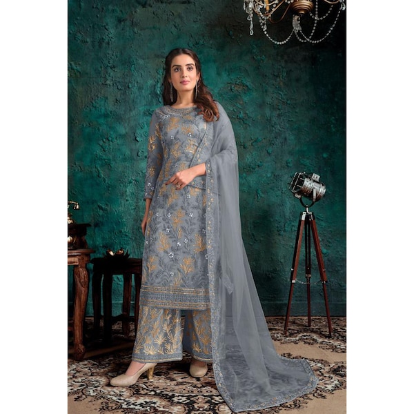 Glorious Grey Color Designer Shalwar Kameez Net Dupatta Dress Pakistani Indian Party Wear Embroidery Handmade Work Salwar Kameez Plazzo Suit