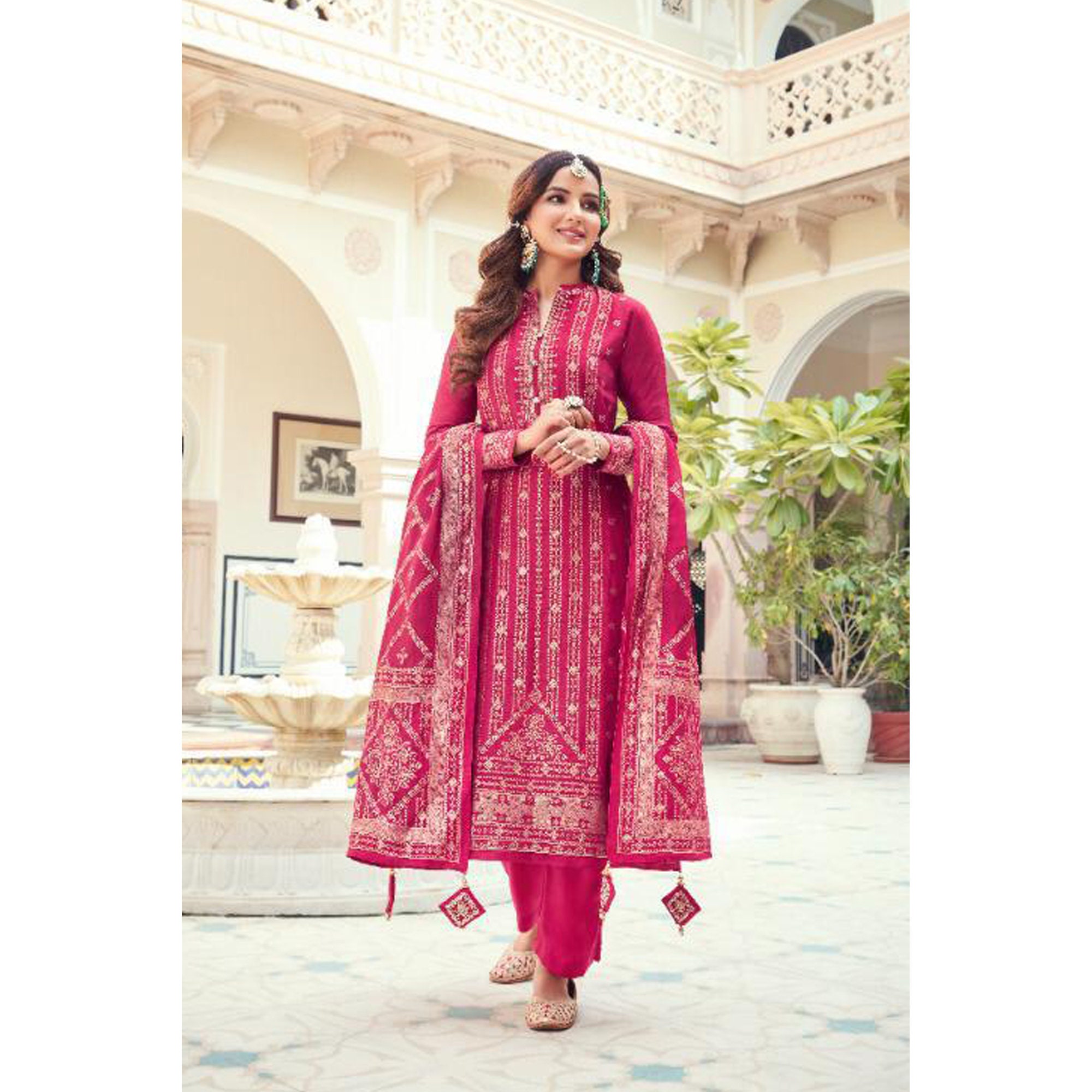 White salwar kameez with pink dupatta sale