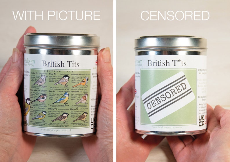 May include: A silver tin with a green label that says "British Tits" and features illustrations of different types of birds. The label also includes information about the birds, such as their length and weight. The tin is being held by a person's hands.