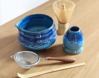 Matcha Full Set, 16.9oz, 500ml, Blue, Handmade Matcha Bowl and Whisk Holder, 120-Prong Bamboo Whisk, Bamboo Scoop, Stainless Tea Sifter