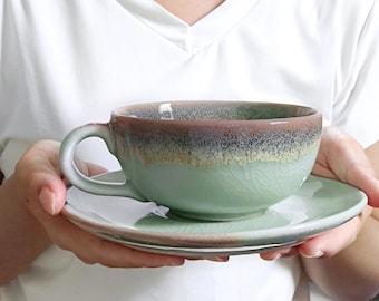 10oz, 300ml, Coffee cup with Saucer, Tea Cup with Saucer, Jade, Crazing Technique