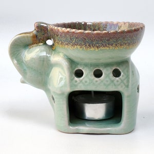 Ceramic Oil Burner, Elephant Oil Burner, Handmade Essential Oil Burner, Tealight Incense Holder, Incense Burner, Jade #B602, *Free candle
