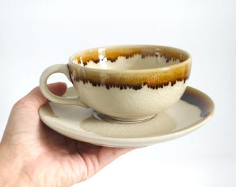10oz, 300ml, Coffee Cup with Saucer, Brown Melted, Crazing Technique