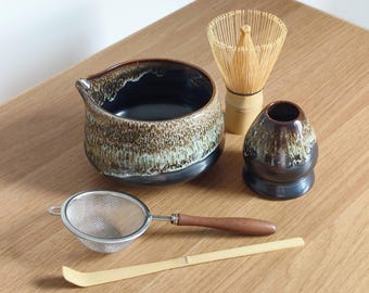 Matcha Full Set, 16.9oz, 500ml, Black, Handmade Matcha Bowl and Whisk Holder, 120-Prong Bamboo Whisk, Bamboo Scoop, Stainless Tea Sifter