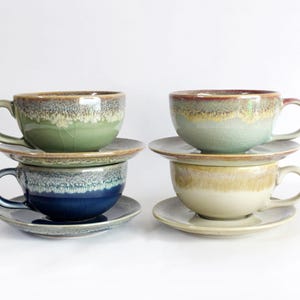 Set of 4 Latte Cup Set, 7.4oz, 220ml, Ceramic Coffee Cup with Saucer 5 Colors, Crazing Technique