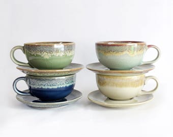 Set of 4 Latte Cup Set, 7.4oz, 220ml, Ceramic Coffee Cup with Saucer 5 Colors, Crazing Technique