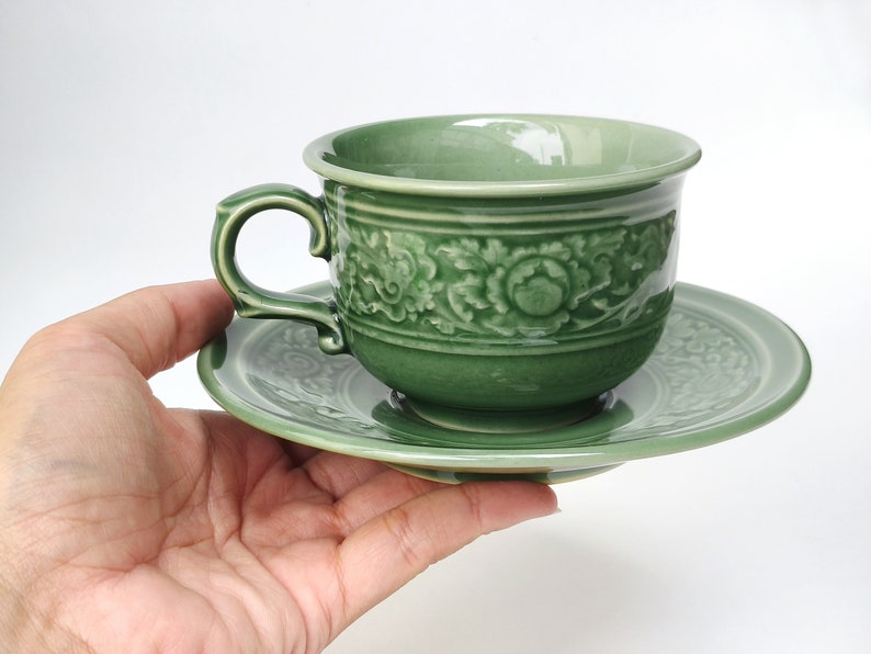 7.1oz, 210ml, Cappuccino Cup, Coffee Cup with Saucer, Tea Cup with Saucer, Coffee Cup, with Saucer, Green with Flowers Engraving