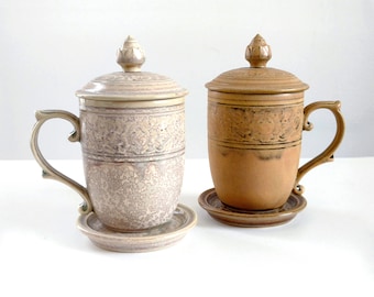 11.2oz, 330ml, Mug with Lid and Saucer, **No Infuser**, Handmade Ceramic Mug, Ceramic Mug, Tea Mug, Coffee Mug, Flowers Engraving, PiOr