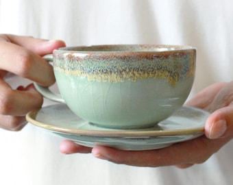 Latte Cup Set, 7.4oz, 220ml, Handmade Ceramic Coffee Cup with Saucer, Jade Color, Crazing Technique
