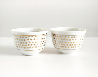 2 Porcelain Cups, 2.2oz, 65ml, 2 Chinese Tea Cups, Small Tea Cups, Porcelain Tea Cups, White with Gold Stars