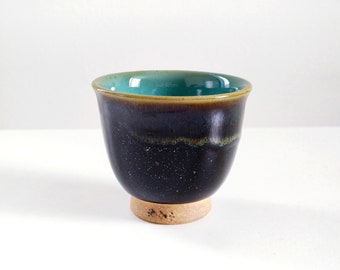 4.1oz, 120ml, Chawan, Hatazori Gata, Curving Lip, Japanese Tea Cup, Handmade Ceramic Cup, Black with Green Melted