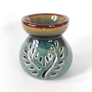 Ceramic Oil Burner, Green with Brown Rim Calabash with Leaf Cutout, Incense Holder, *Free candle | #B6014S