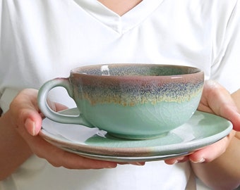 10oz, 300ml, Coffee cup, Coffee Cup with Saucer, Tea Cup with Saucer, Jade, Celadon Technique