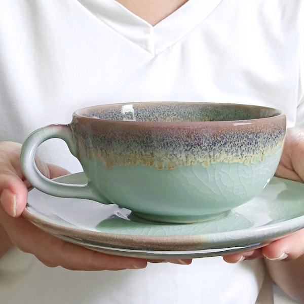 10oz, 300ml, Coffee cup, Coffee Cup with Saucer, Tea Cup with Saucer, Jade, Celadon Technique