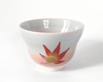 3.7oz, 110ml, Guinomi, Handmade Japanese Ceramic Tea Cup, Pastel with Momiji Leaf, Curving Lip, CP06
